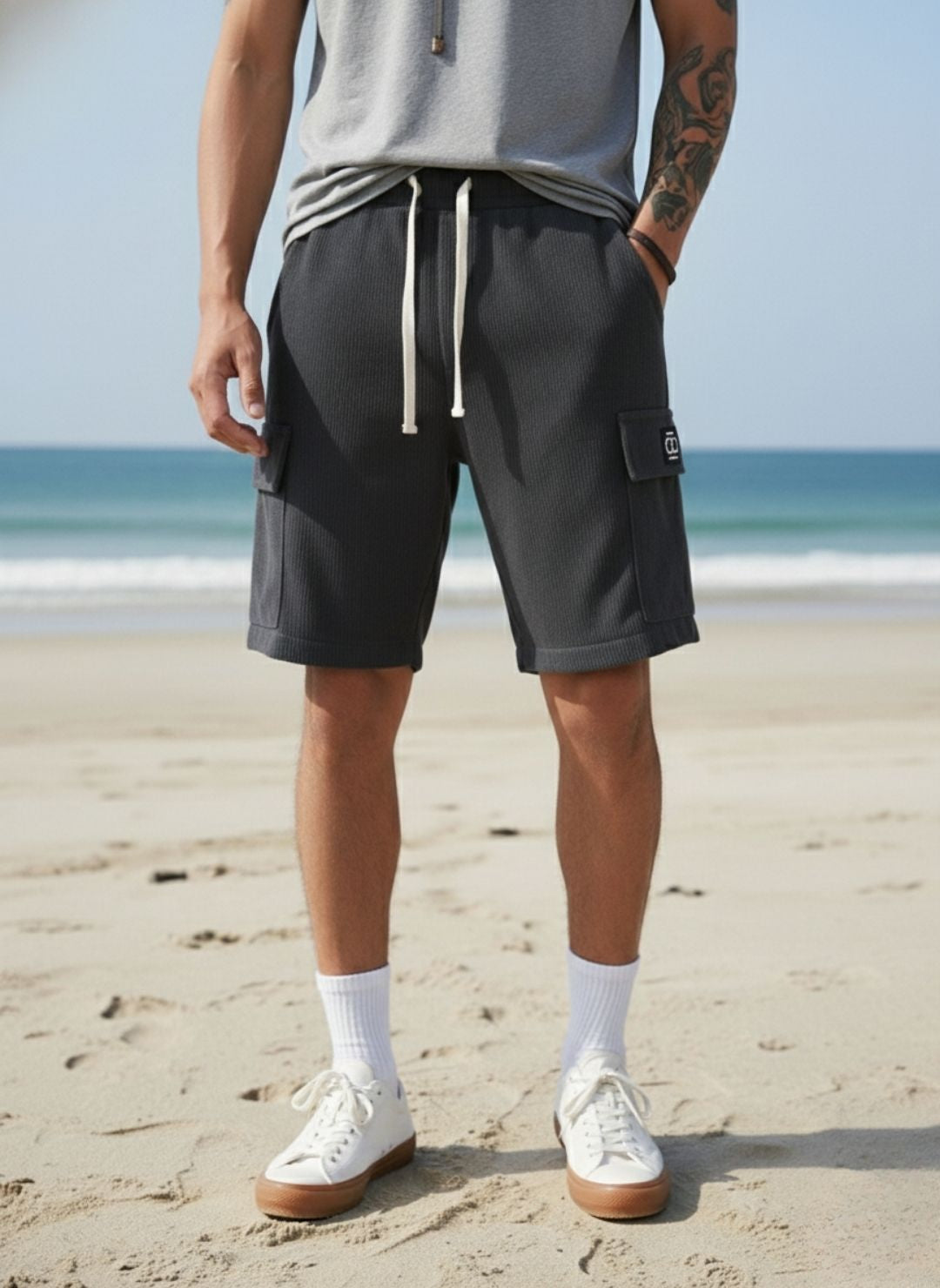 Men's Charcoal Grey Premium Ribbed Texture Cargo Shorts