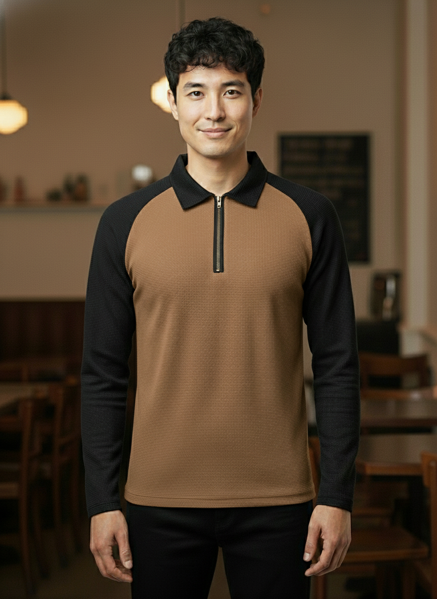 Men’s Black & Brown Waffle Knit Quarter-Zip Long Sleeve Polo T-shirt