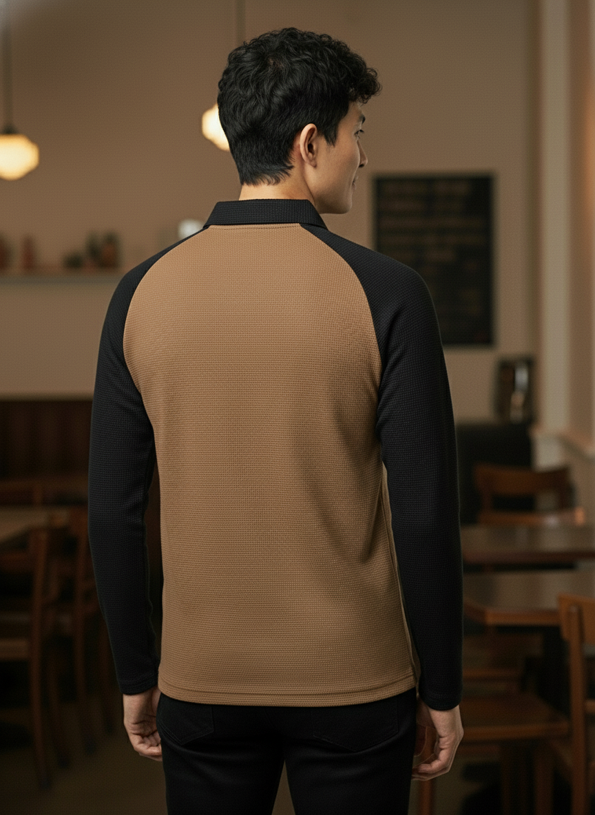 Men’s Black & Brown Waffle Knit Quarter-Zip Long Sleeve Polo T-shirt
