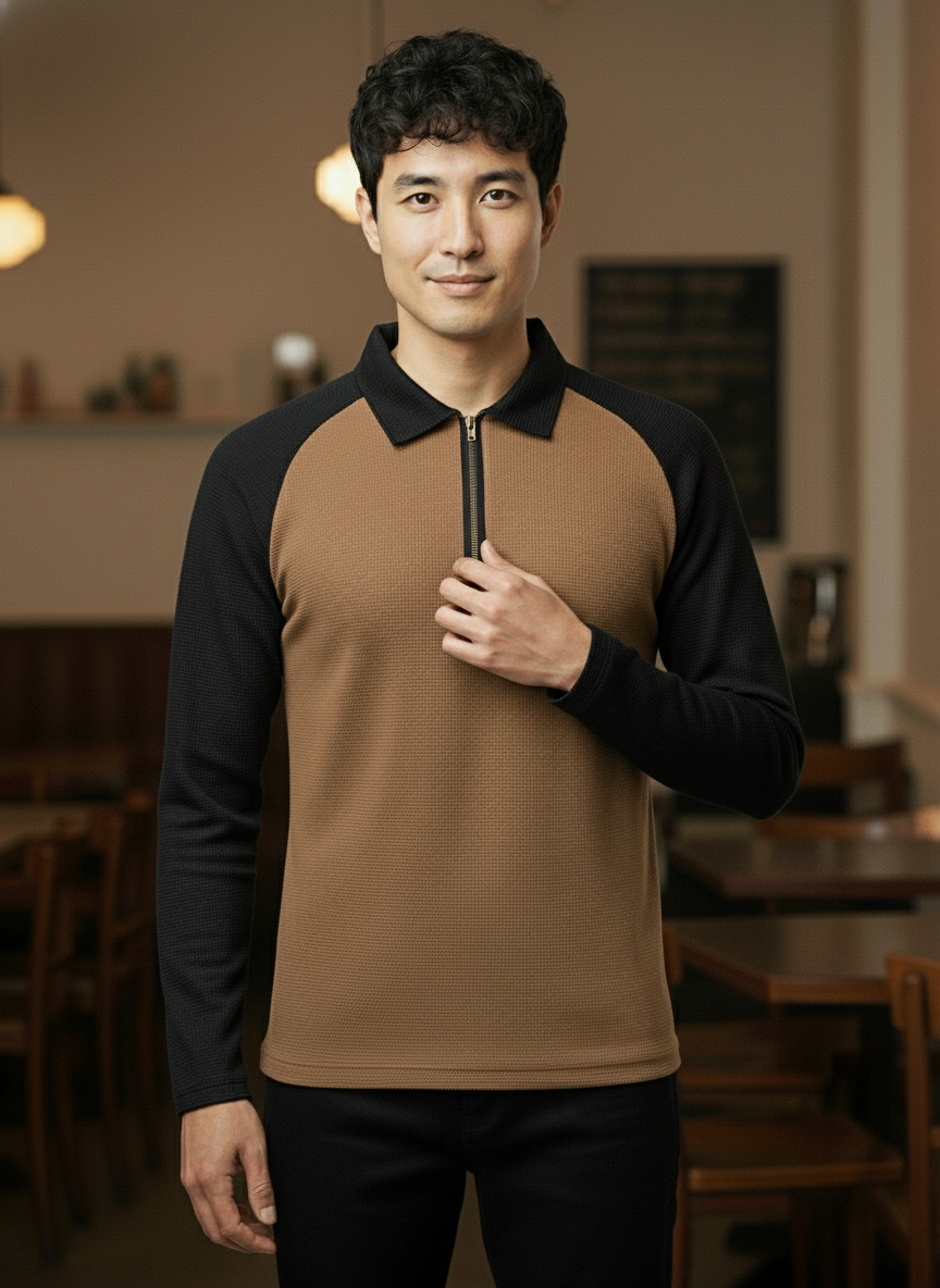 Men’s Black & Brown Waffle Knit Quarter-Zip Long Sleeve Polo T-shirt