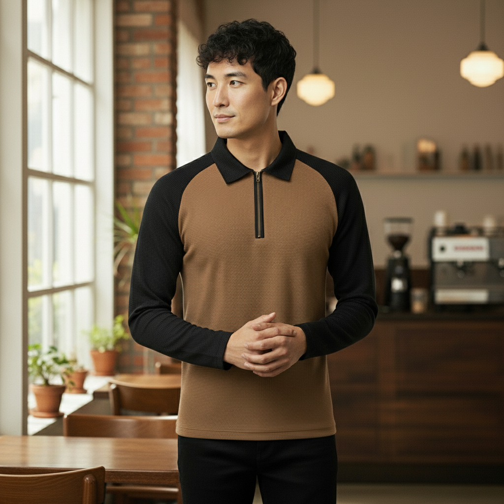 Men’s Black & Brown Waffle Knit Quarter-Zip Long Sleeve Polo T-shirt