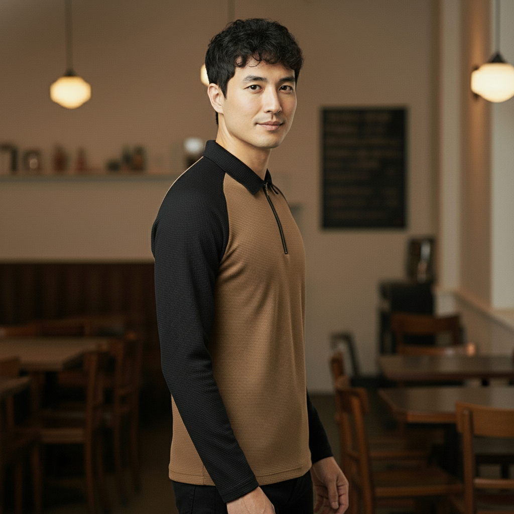 Men’s Black & Brown Waffle Knit Quarter-Zip Long Sleeve Polo T-shirt