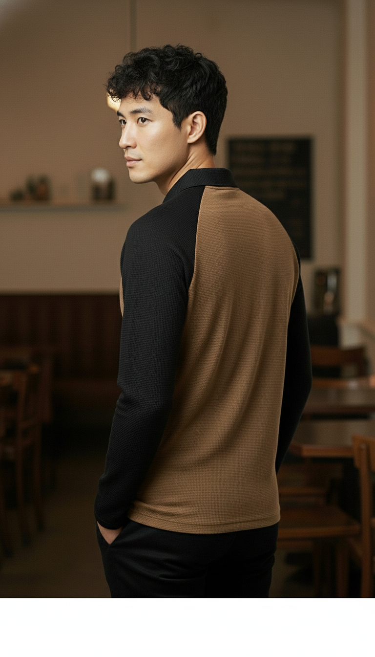 Men’s Black & Brown Waffle Knit Quarter-Zip Long Sleeve Polo T-shirt