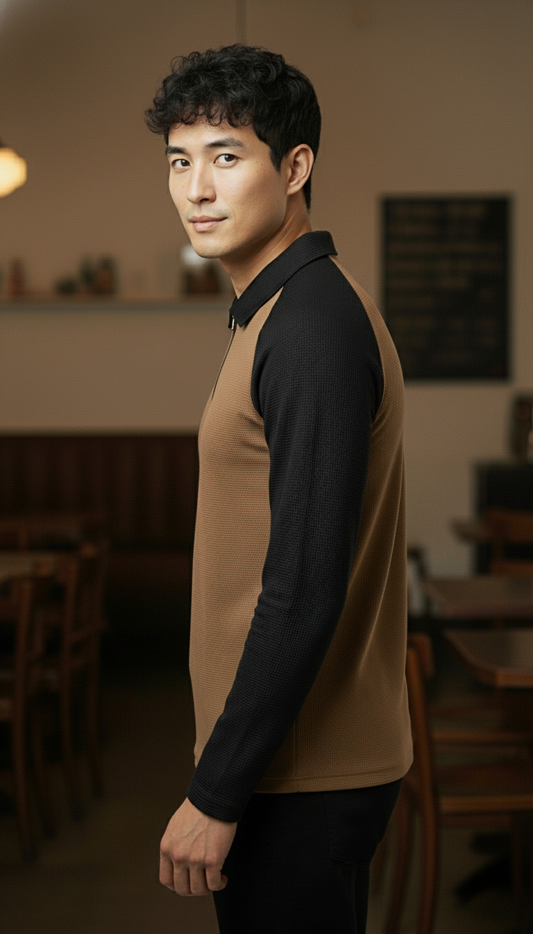 Men’s Black & Brown Waffle Knit Quarter-Zip Long Sleeve Polo T-shirt
