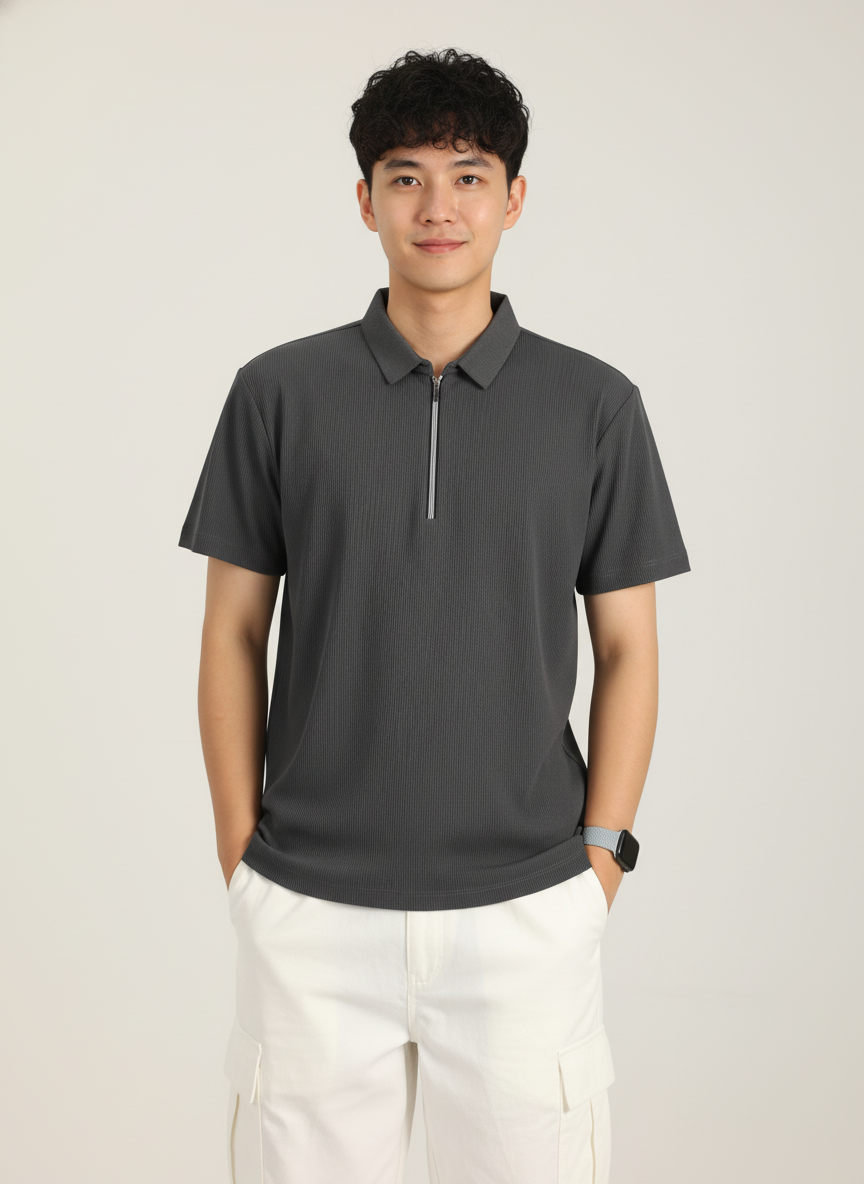 Men’s Charcoal Grey Textured Ribbed Zip Polo T-Shirt