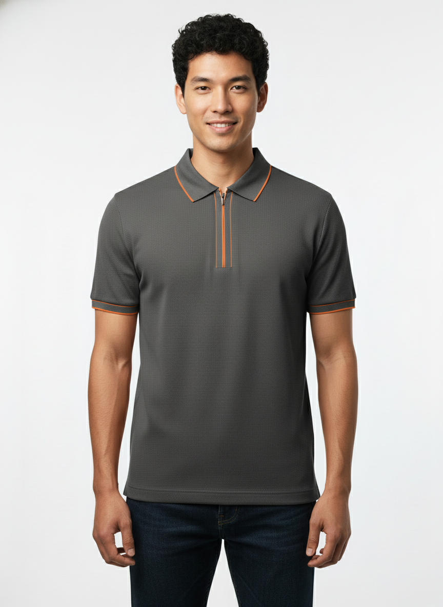 Men's Charcoal Grey Contrast Trim Zip Polo T-Shirt