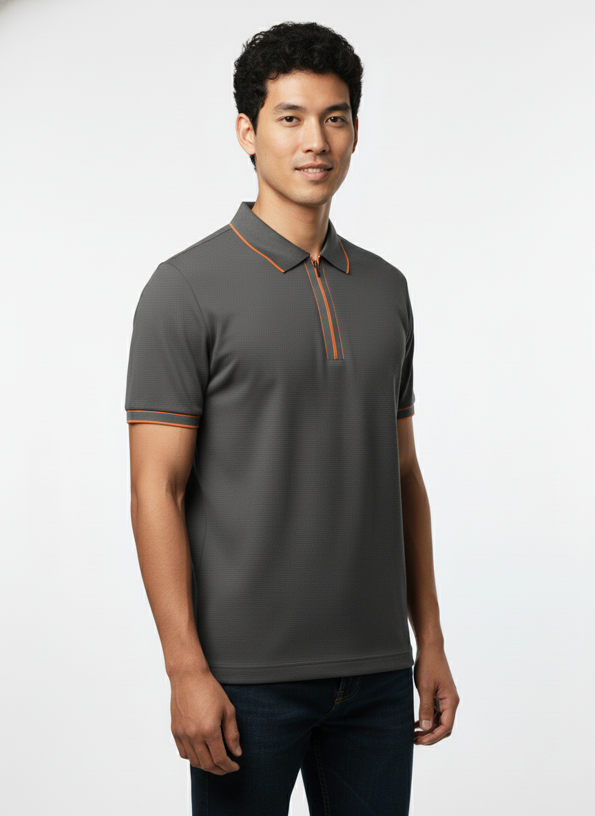 Men's Charcoal Grey Contrast Trim Zip Polo T-Shirt