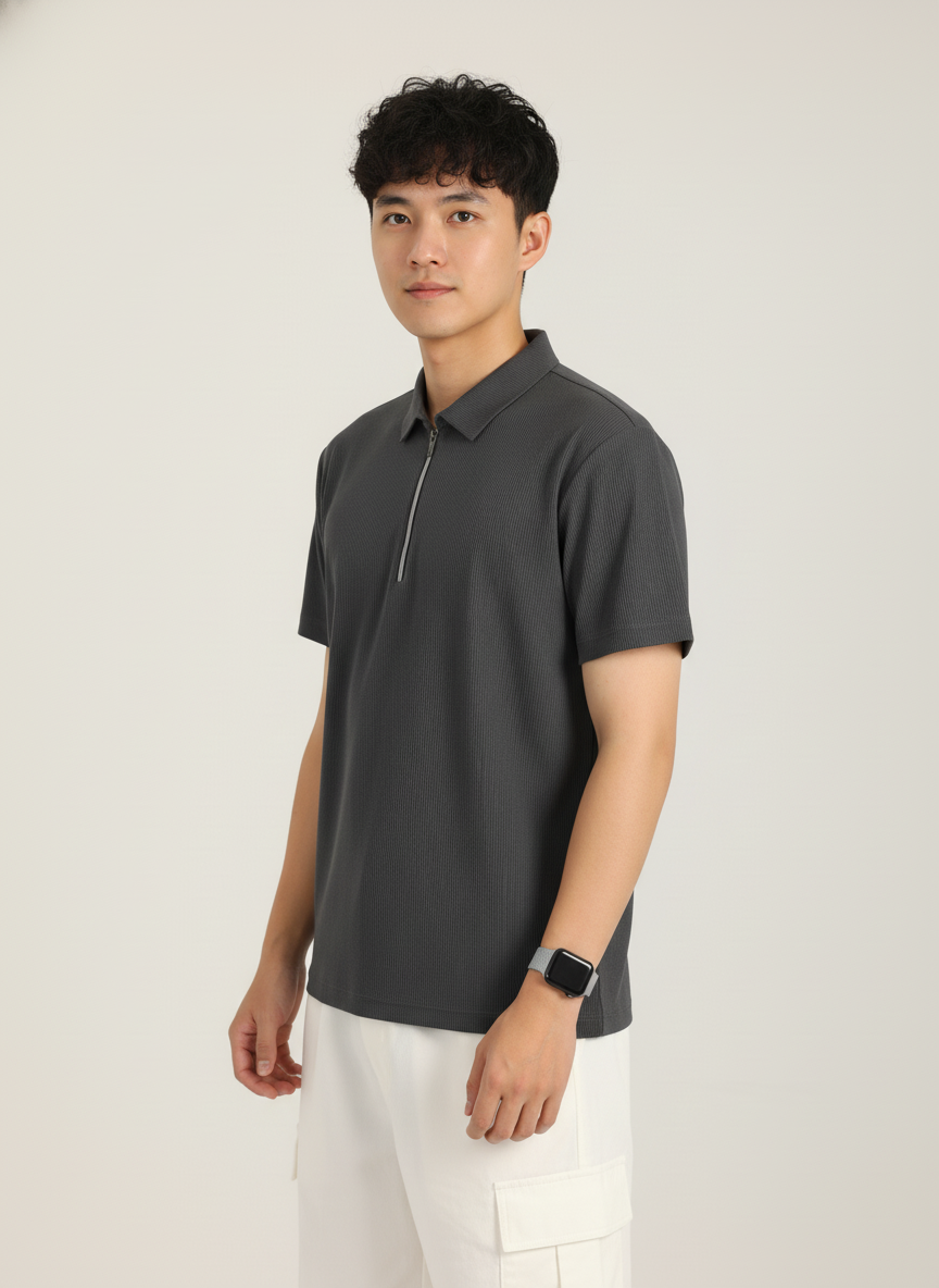 Men’s Charcoal Grey Textured Ribbed Zip Polo T-Shirt