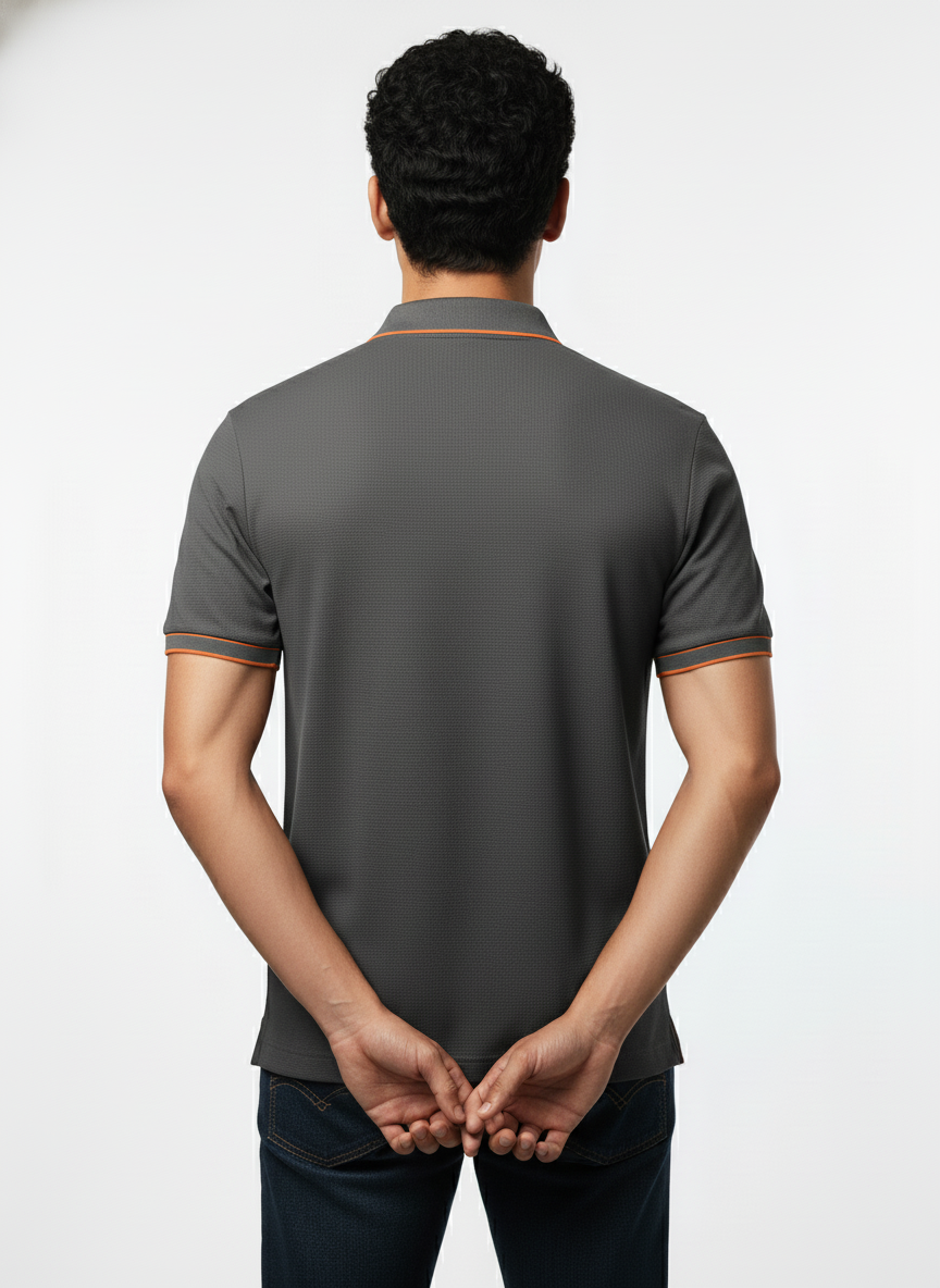 Men's Charcoal Grey Contrast Trim Zip Polo T-Shirt