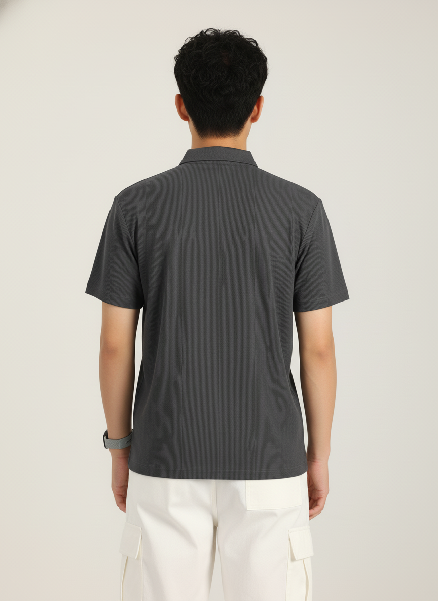 Men’s Charcoal Grey Textured Ribbed Zip Polo T-Shirt
