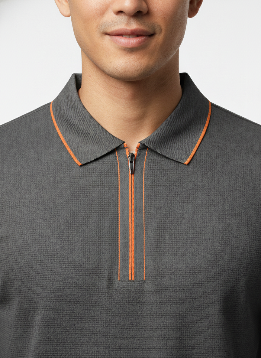 Men's Charcoal Grey Contrast Trim Zip Polo T-Shirt