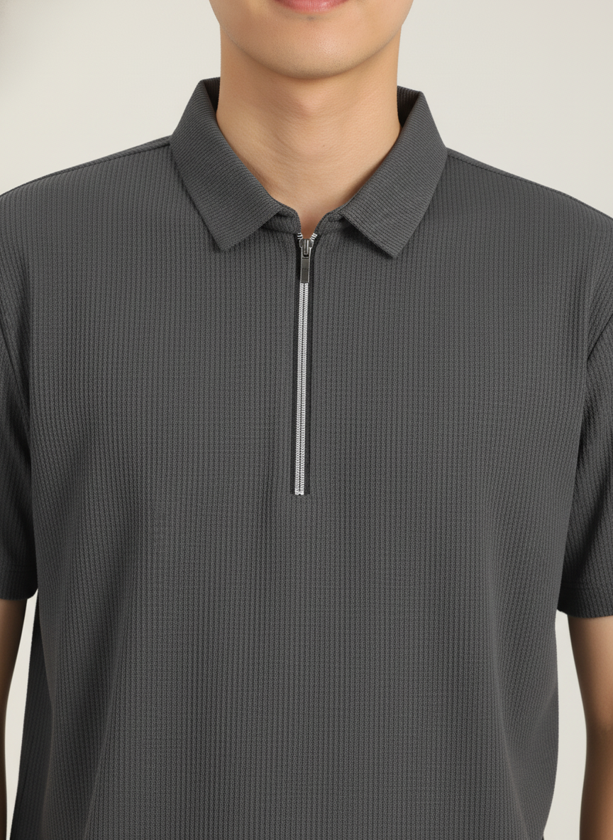 Men’s Charcoal Grey Textured Ribbed Zip Polo T-Shirt