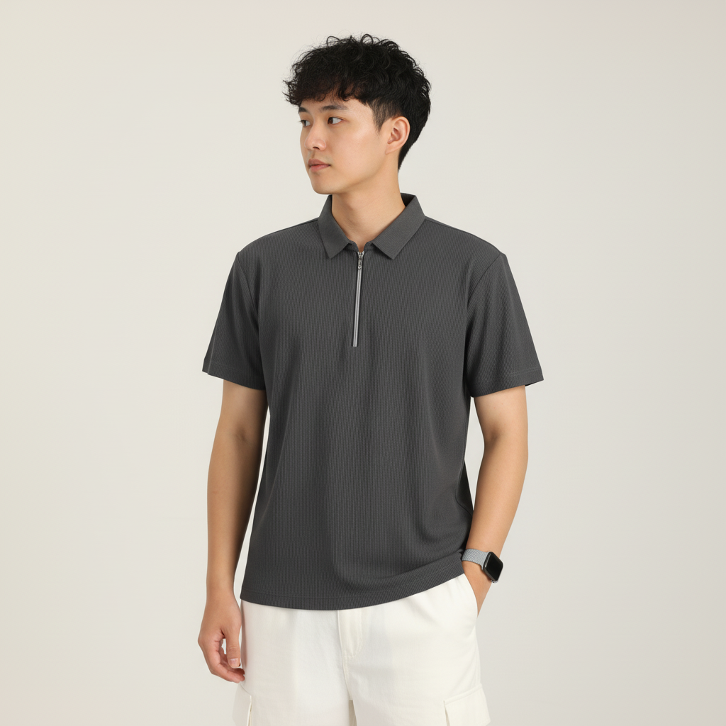 Men’s Charcoal Grey Textured Ribbed Zip Polo T-Shirt
