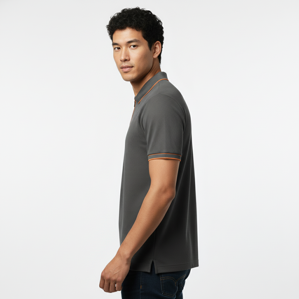 Men's Charcoal Grey Contrast Trim Zip Polo T-Shirt