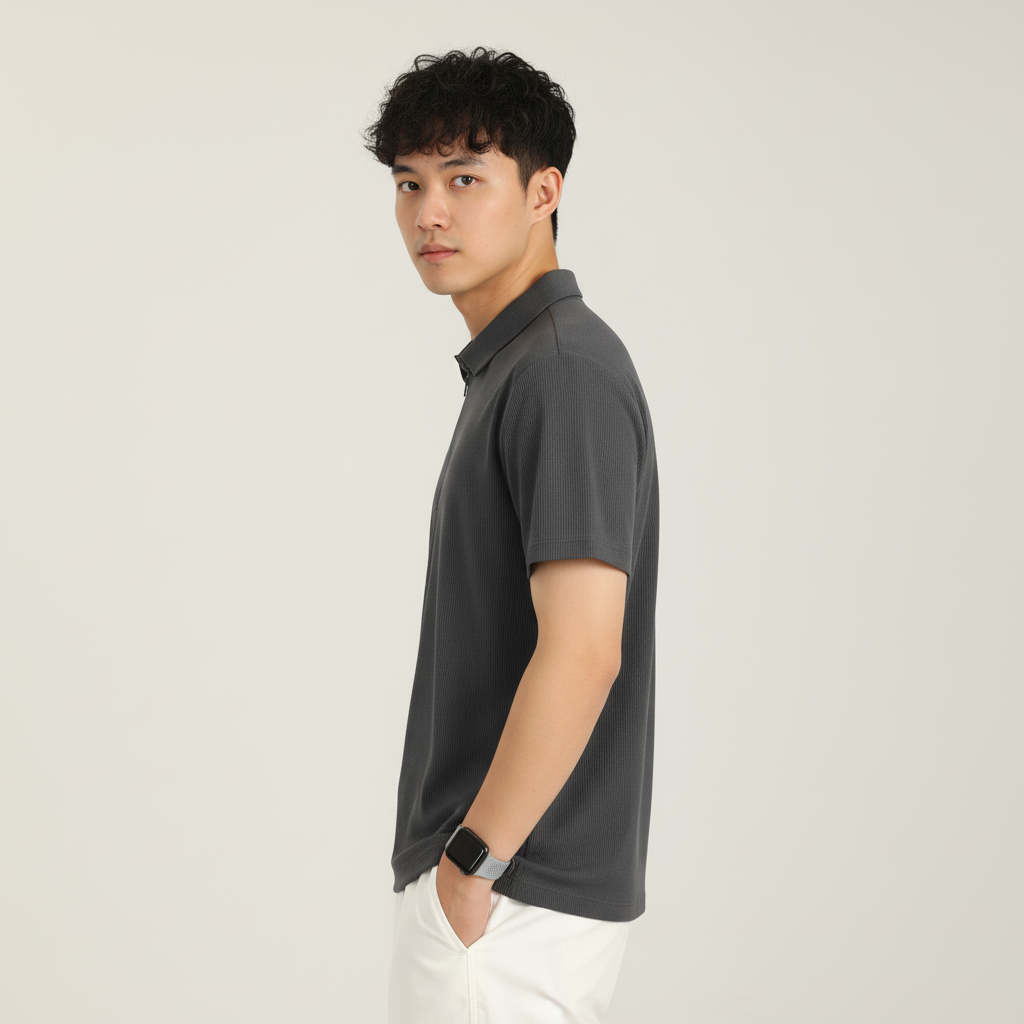 Men’s Charcoal Grey Textured Ribbed Zip Polo T-Shirt