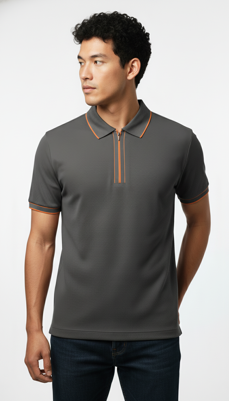 Men's Charcoal Grey Contrast Trim Zip Polo T-Shirt