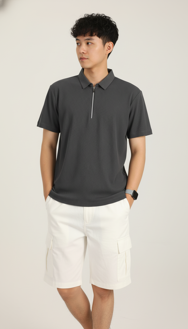 Men’s Charcoal Grey Textured Ribbed Zip Polo T-Shirt