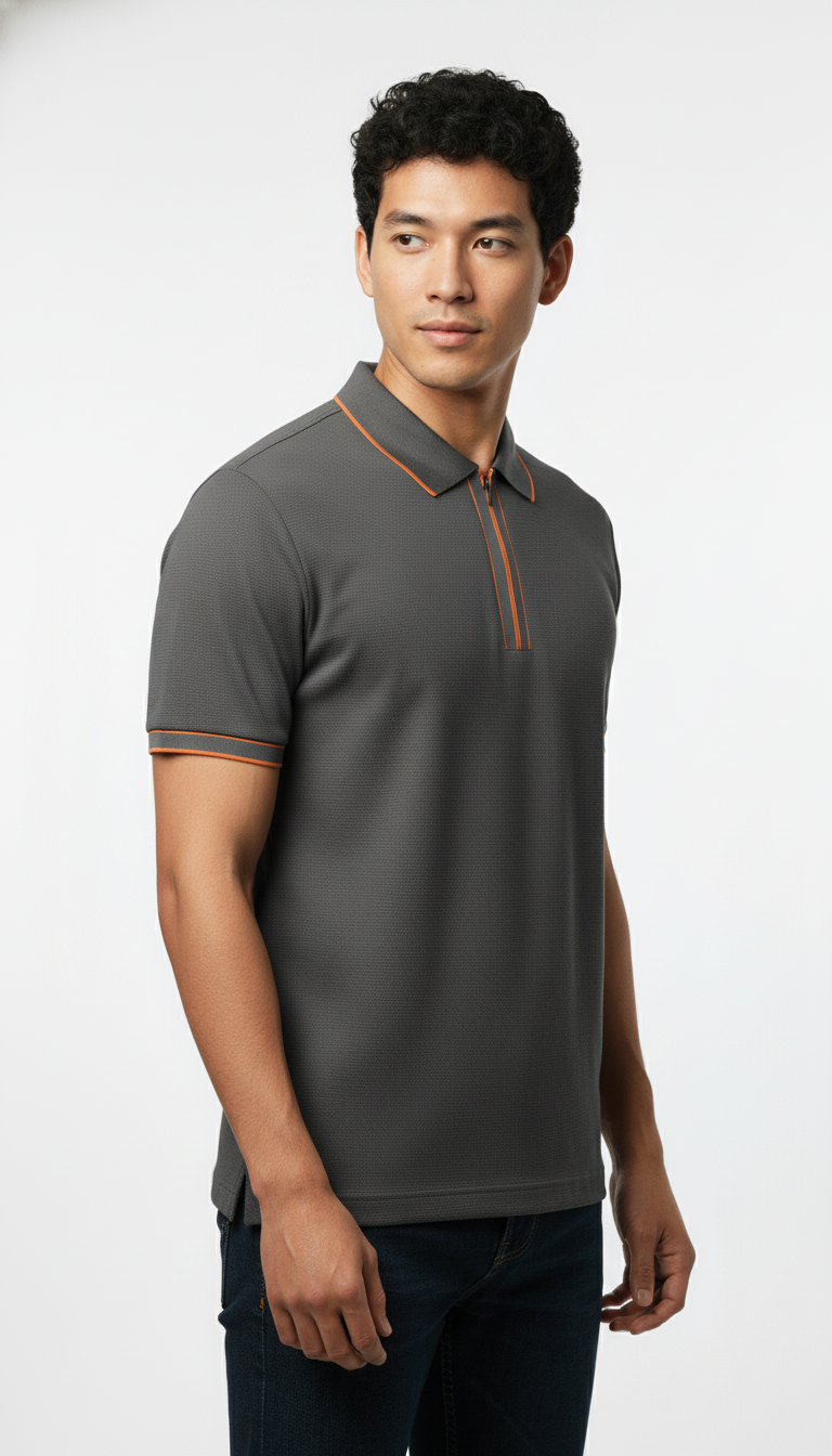 Men's Charcoal Grey Contrast Trim Zip Polo T-Shirt