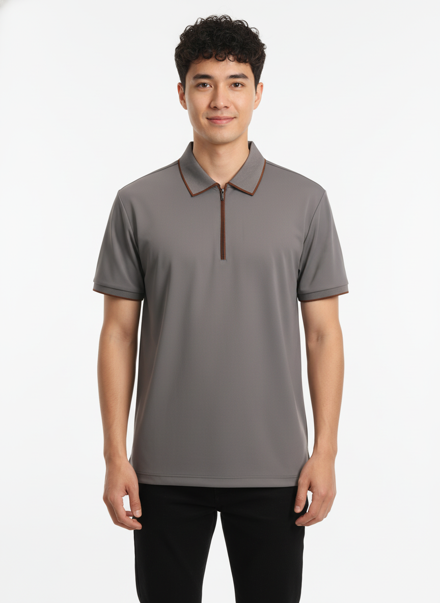 Men's Cool Grey Modern Contrast Trim Zip-Neck Polo T-Shirt