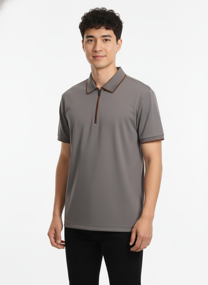 Men's Cool Grey Modern Contrast Trim Zip-Neck Polo T-Shirt