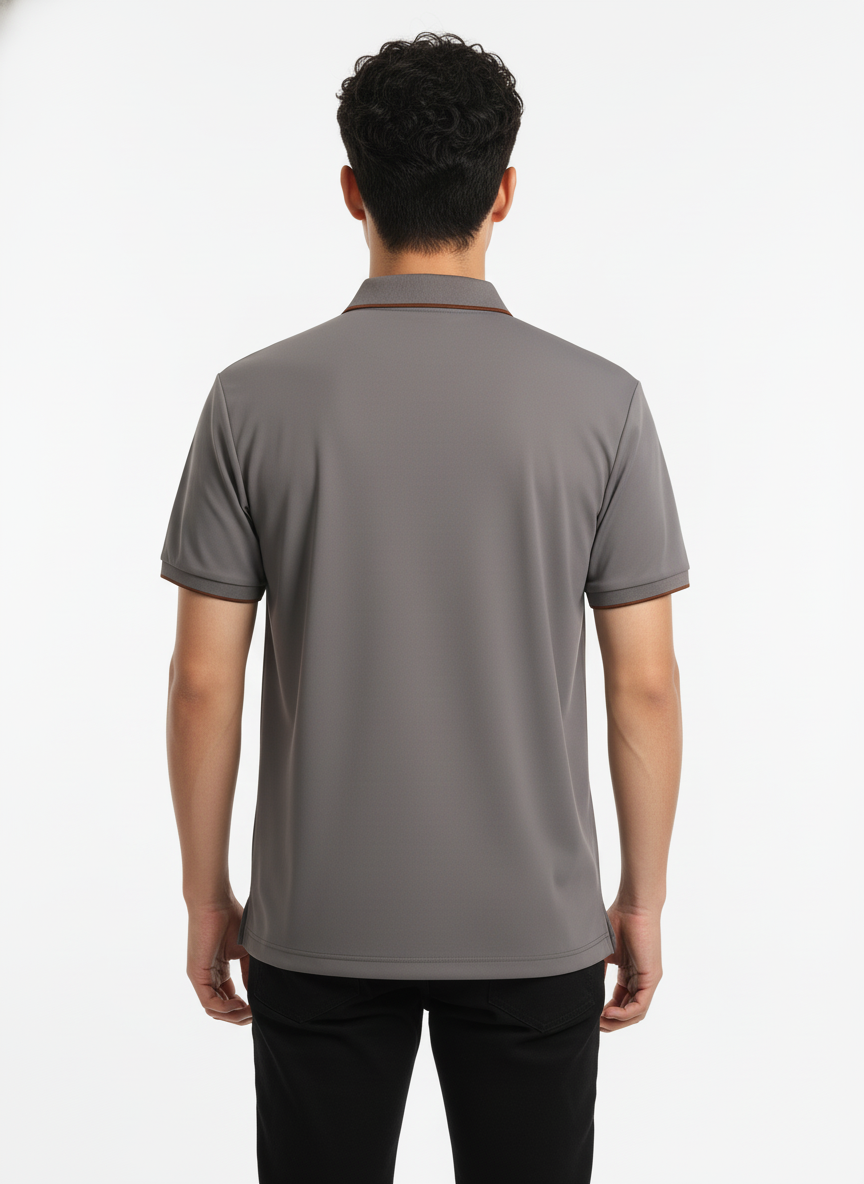 Men's Cool Grey Modern Contrast Trim Zip-Neck Polo T-Shirt