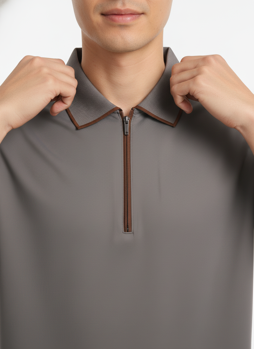 Men's Cool Grey Modern Contrast Trim Zip-Neck Polo T-Shirt