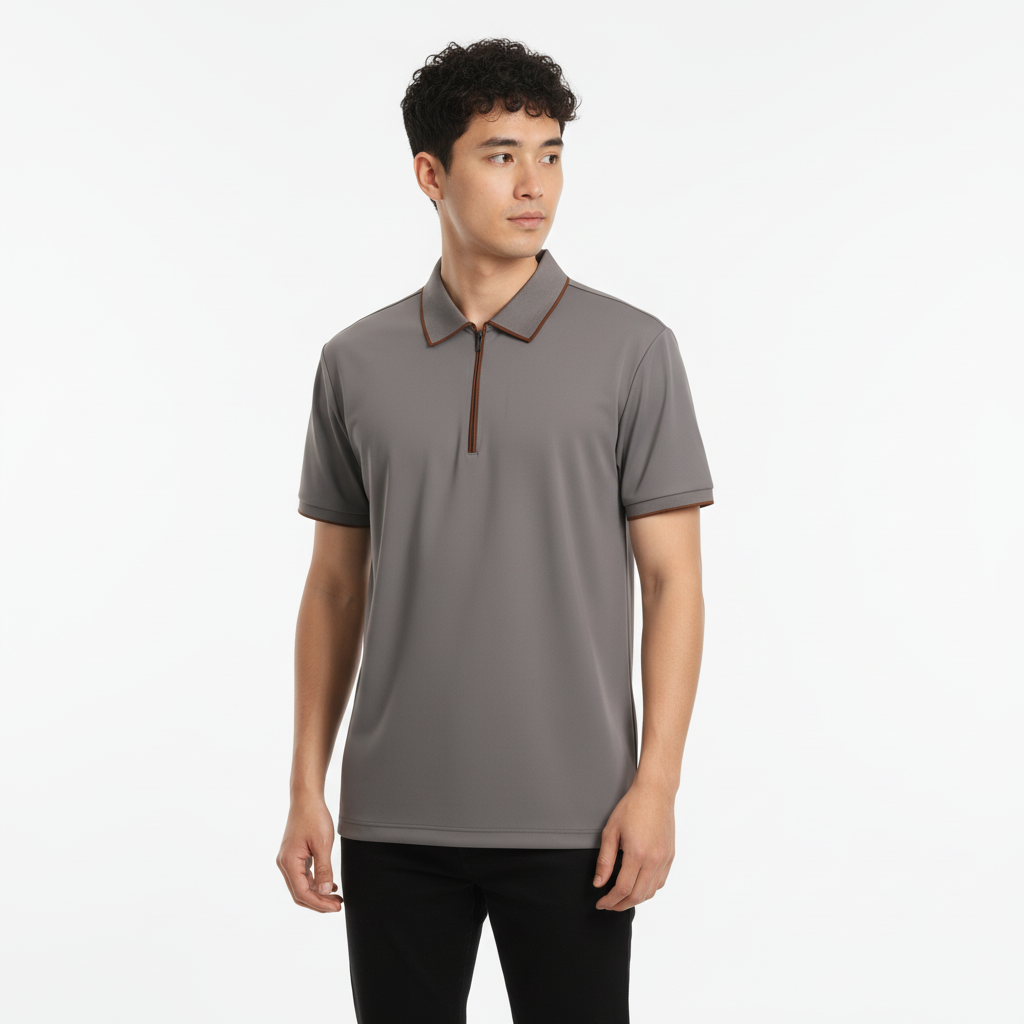 Men's Cool Grey Modern Contrast Trim Zip-Neck Polo T-Shirt