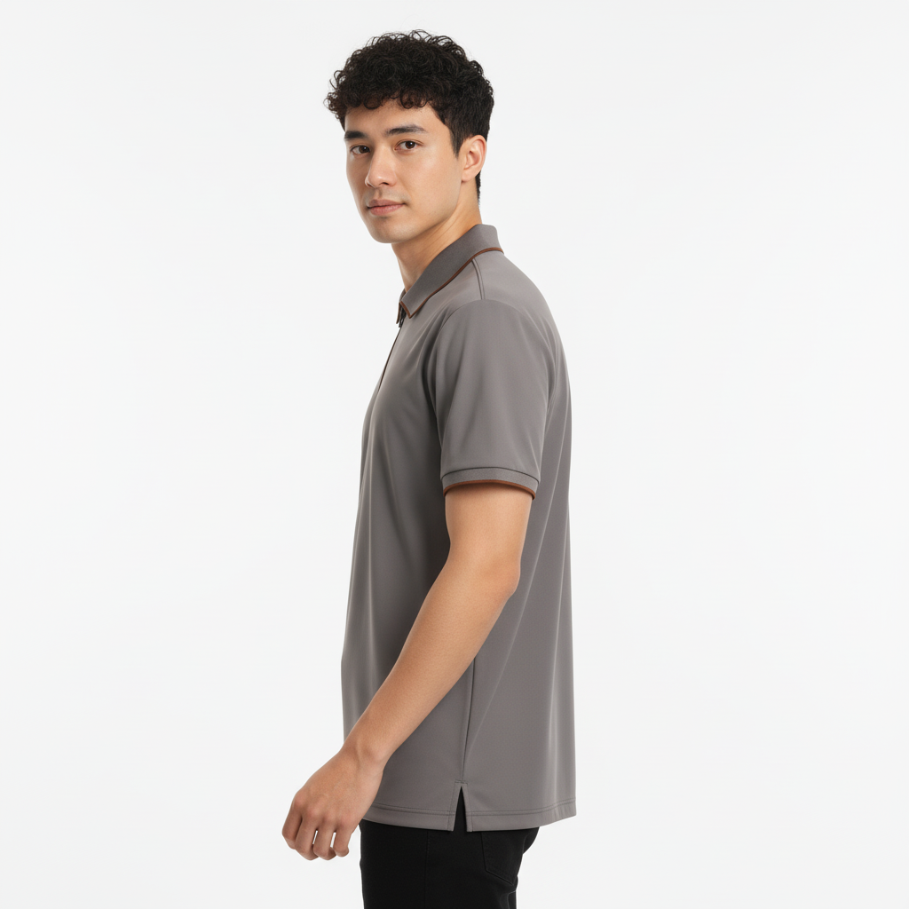 Men's Cool Grey Modern Contrast Trim Zip-Neck Polo T-Shirt
