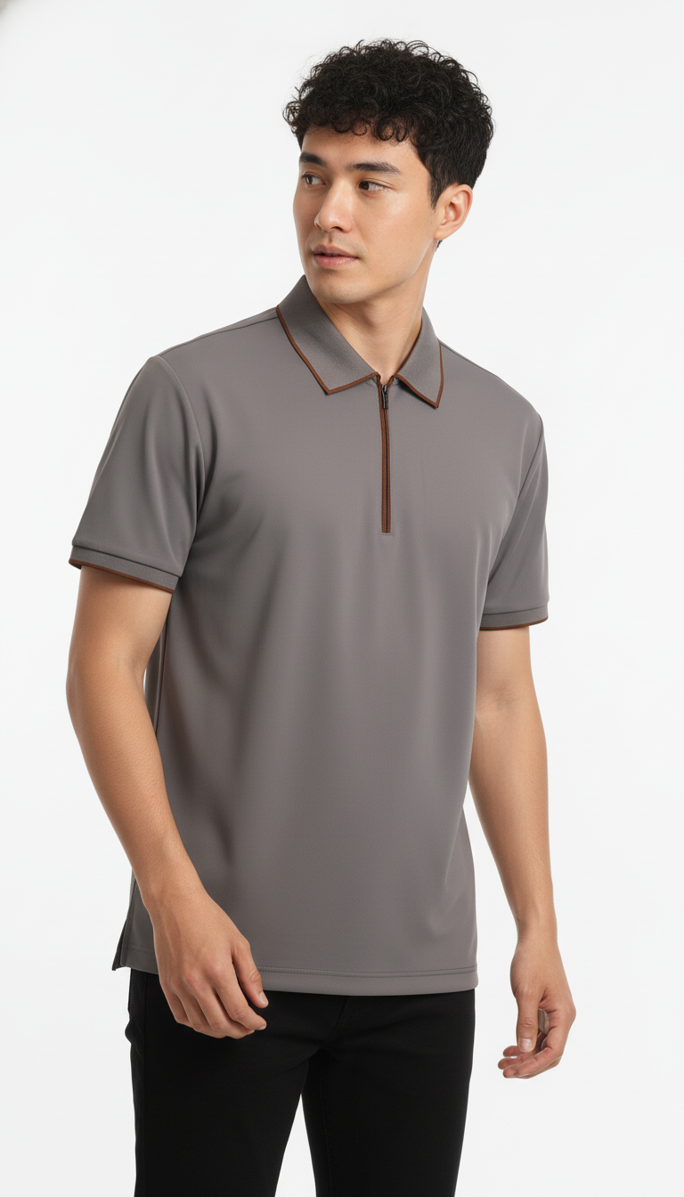 Men's Cool Grey Modern Contrast Trim Zip-Neck Polo T-Shirt