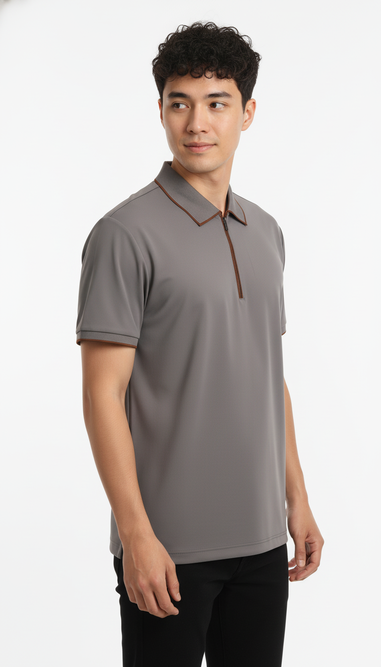 Men's Cool Grey Modern Contrast Trim Zip-Neck Polo T-Shirt