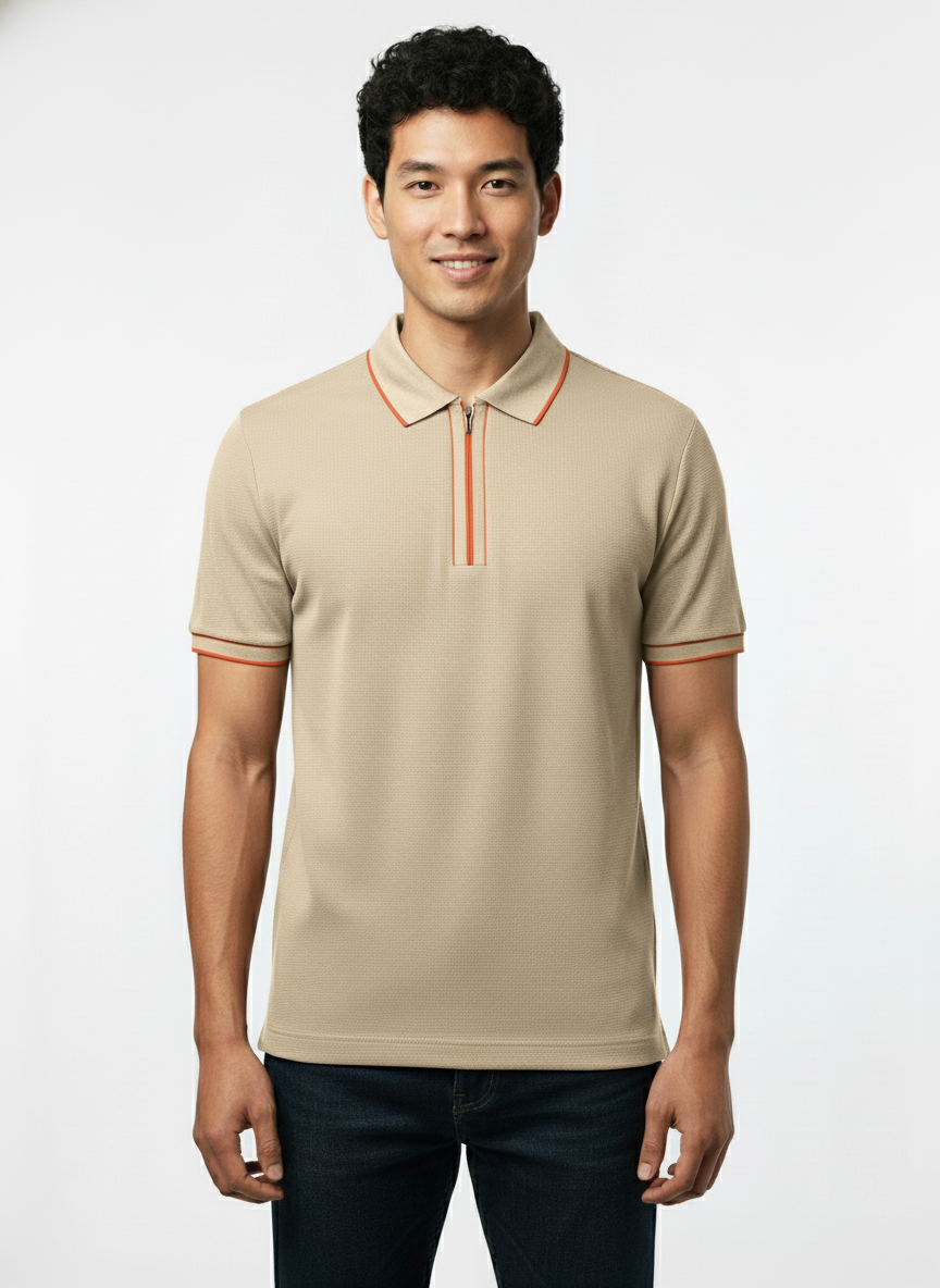 Men's Cream Beige Contrast Trim Zip Polo T-Shirt