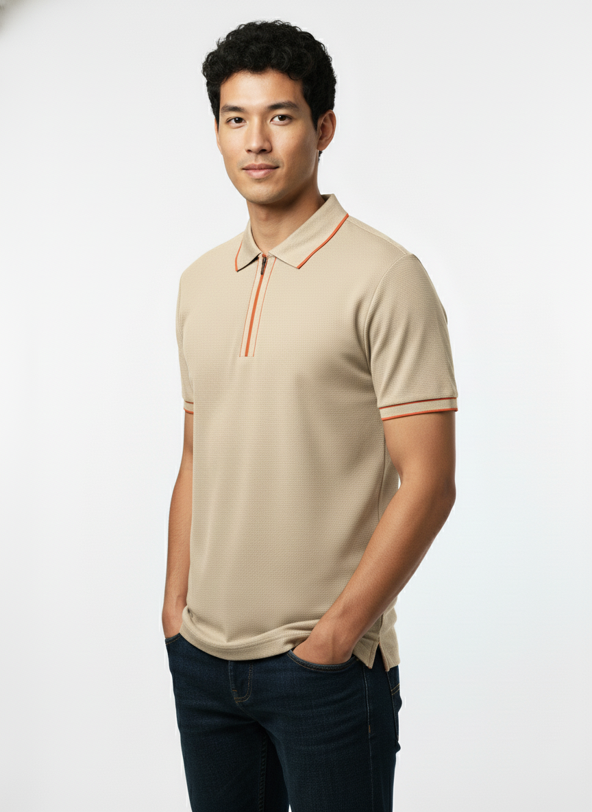 Men's Cream Beige Contrast Trim Zip Polo T-Shirt