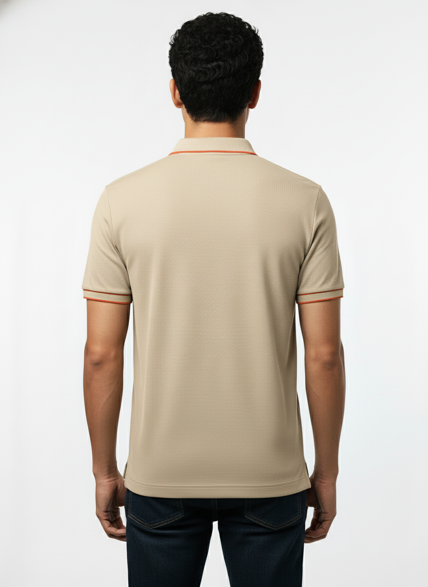 Men's Cream Beige Contrast Trim Zip Polo T-Shirt
