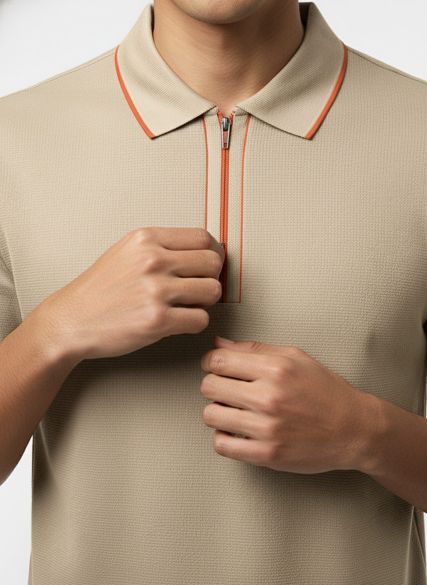Men's Cream Beige Contrast Trim Zip Polo T-Shirt