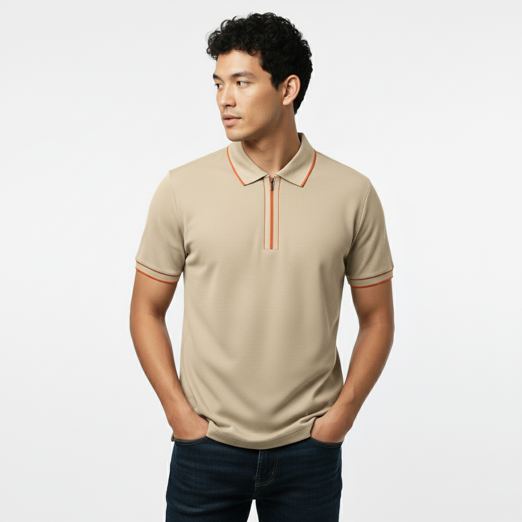Men's Cream Beige Contrast Trim Zip Polo T-Shirt