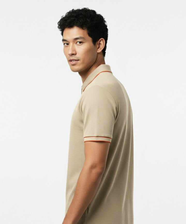 Men's Cream Beige Contrast Trim Zip Polo T-Shirt