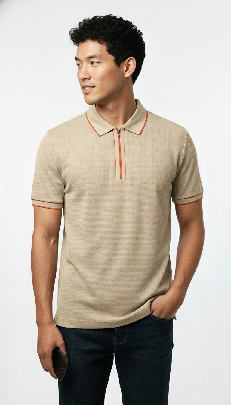 Men's Cream Beige Contrast Trim Zip Polo T-Shirt