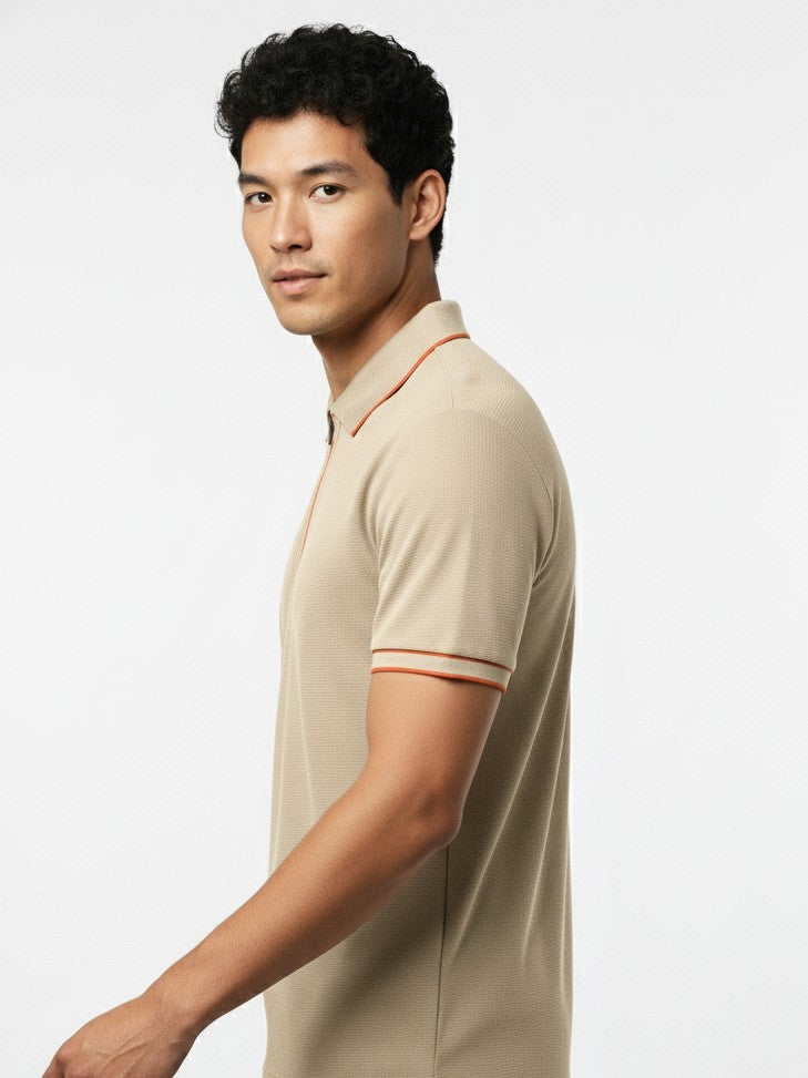 Men's Cream Beige Contrast Trim Zip Polo T-Shirt