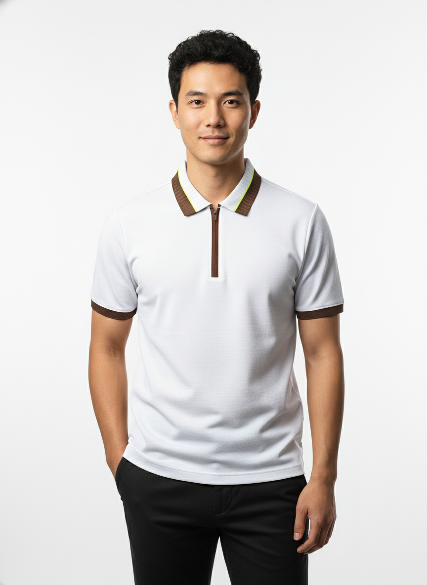Men's Crisp White Textured Zip-Polo T-Shirt with Neon Collar Accent
