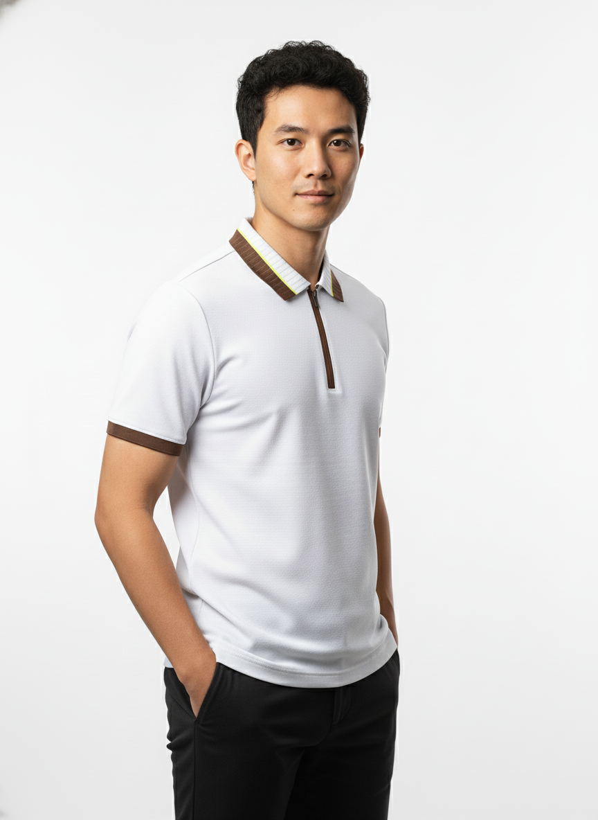 Men's Crisp White Textured Zip-Polo T-Shirt with Neon Collar Accent