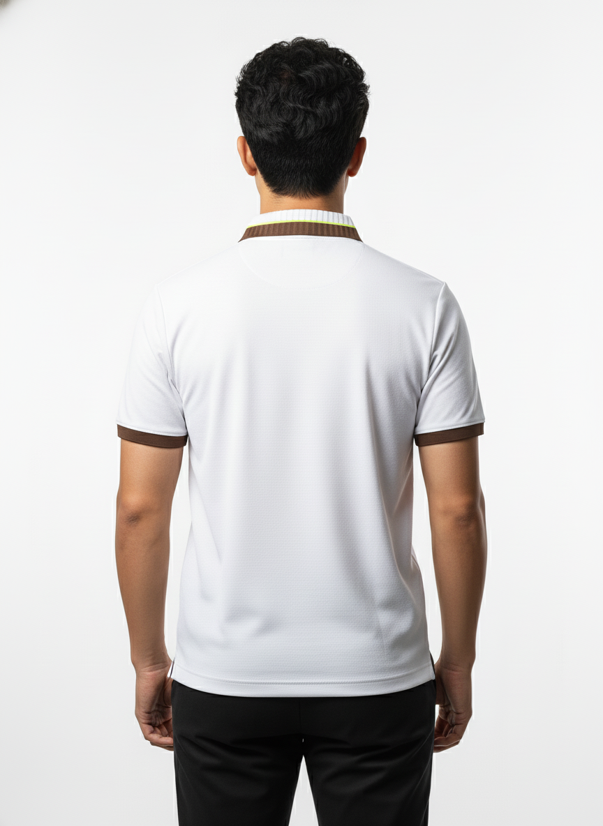 Men's Crisp White Textured Zip-Polo T-Shirt with Neon Collar Accent