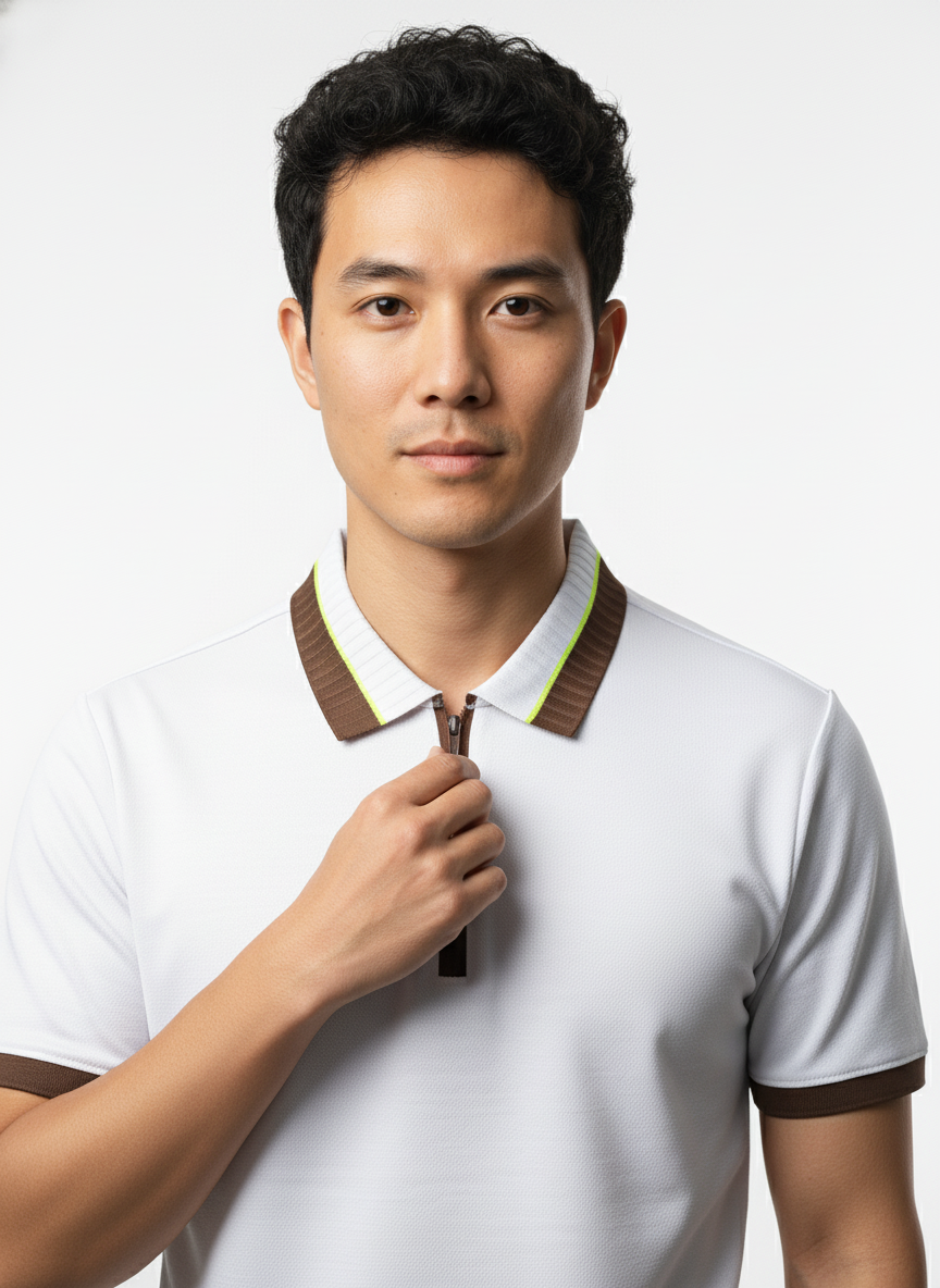 Men's Crisp White Textured Zip-Polo T-Shirt with Neon Collar Accent