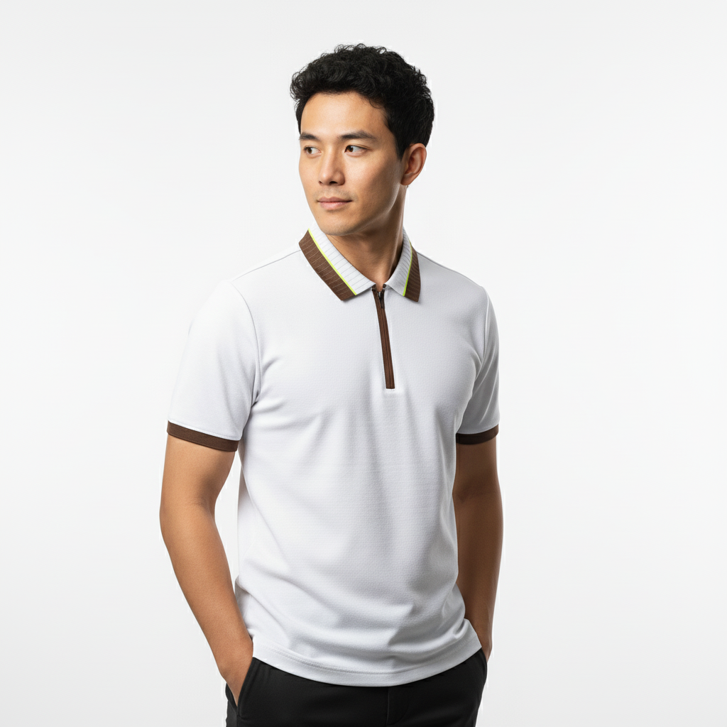 Men's Crisp White Textured Zip-Polo T-Shirt with Neon Collar Accent