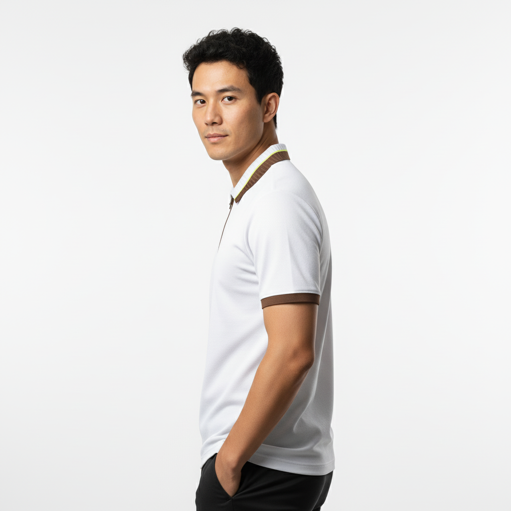 Men's Crisp White Textured Zip-Polo T-Shirt with Neon Collar Accent