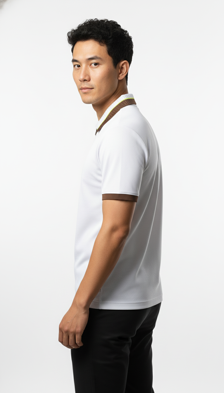 Men's Crisp White Textured Zip-Polo T-Shirt with Neon Collar Accent