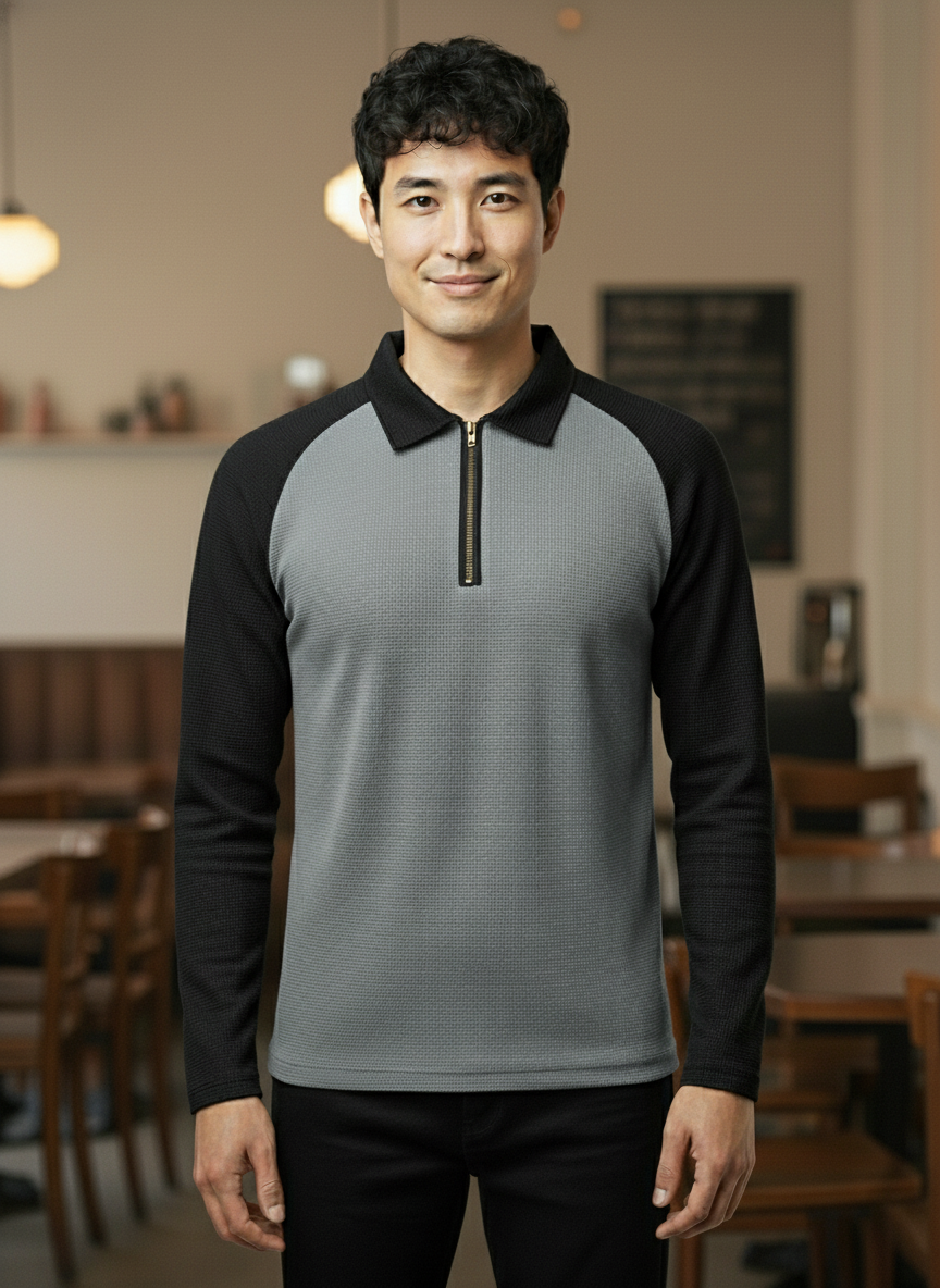 Men’s Black & Dark Gray Waffle Knit Quarter-Zip Long Sleeve Polo T-shirt