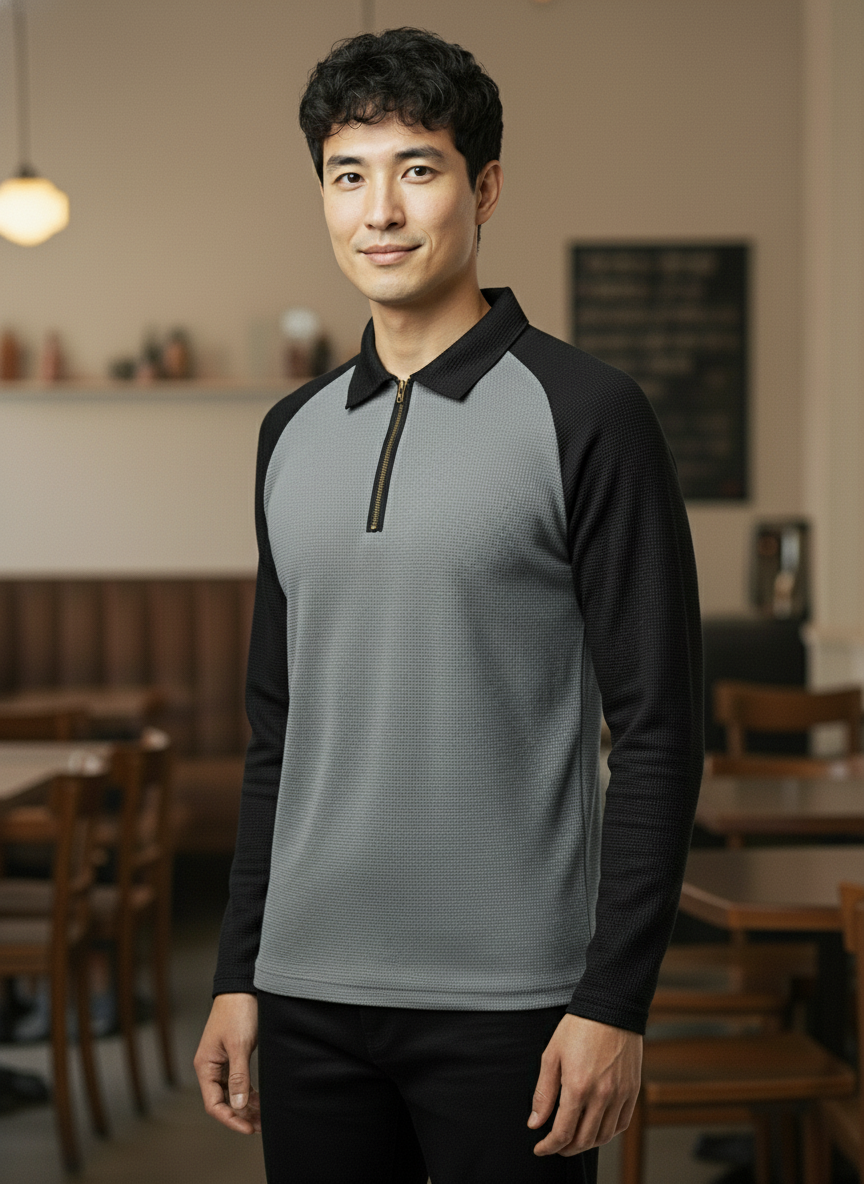 Men’s Black & Dark Gray Waffle Knit Quarter-Zip Long Sleeve Polo T-shirt