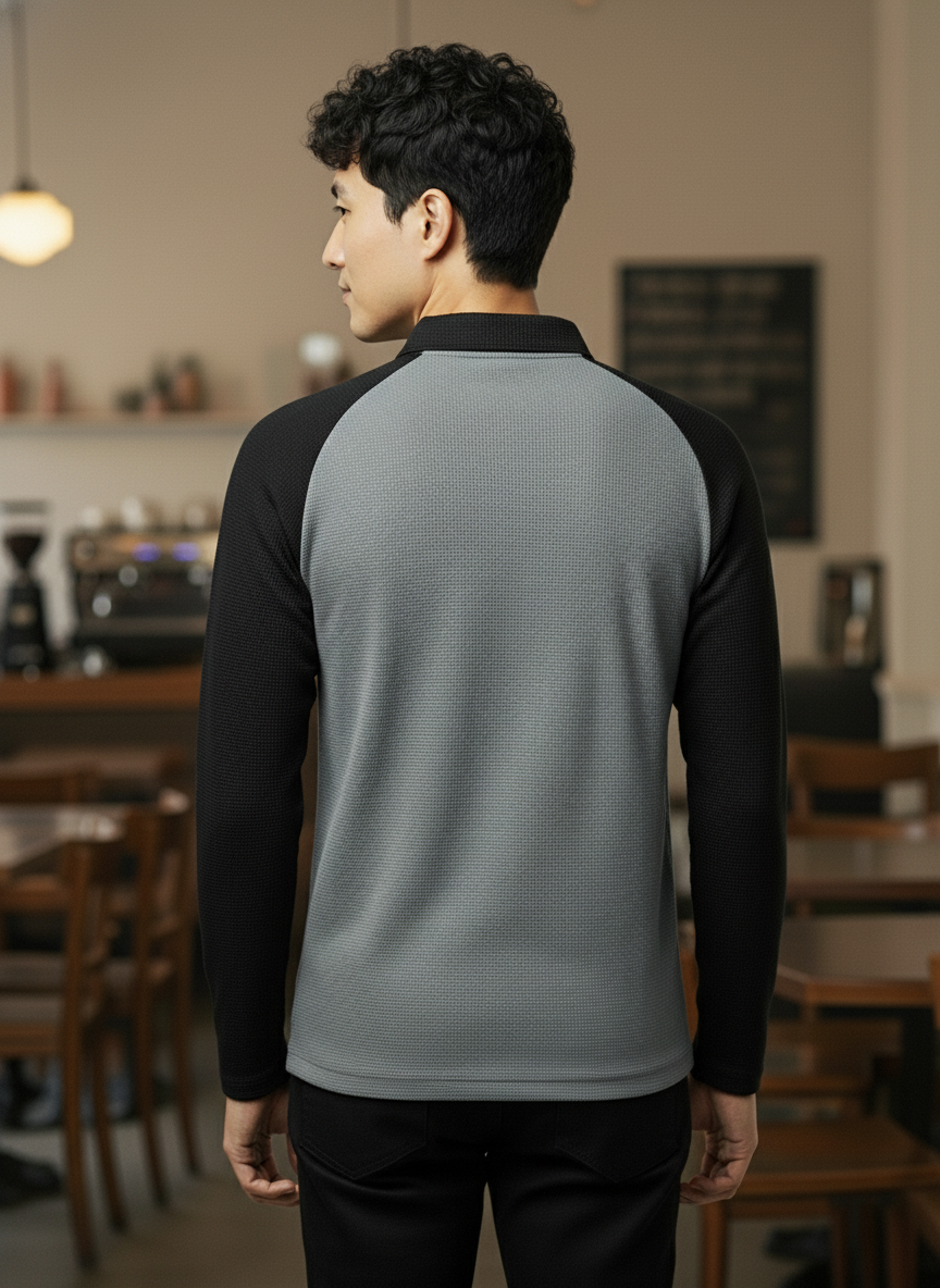 Men’s Black & Dark Gray Waffle Knit Quarter-Zip Long Sleeve Polo T-shirt