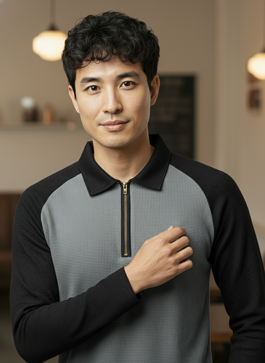 Men’s Black & Dark Gray Waffle Knit Quarter-Zip Long Sleeve Polo T-shirt