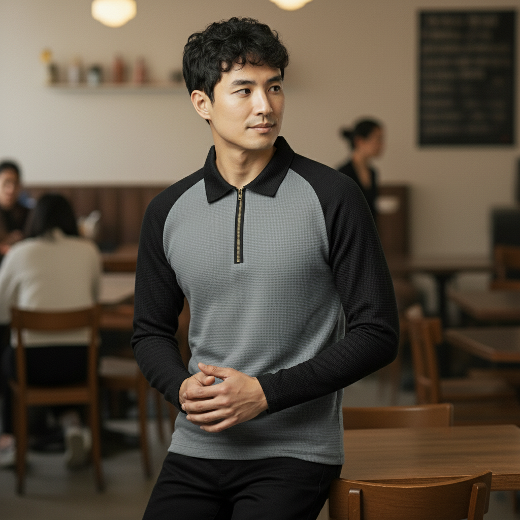 Men’s Black & Dark Gray Waffle Knit Quarter-Zip Long Sleeve Polo T-shirt